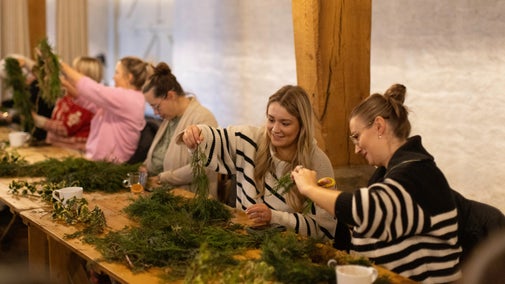 Festive wreath making work shop with mulled wine and hot chocolates at Christmas at East Riddlesden Hall, West Yorkshire